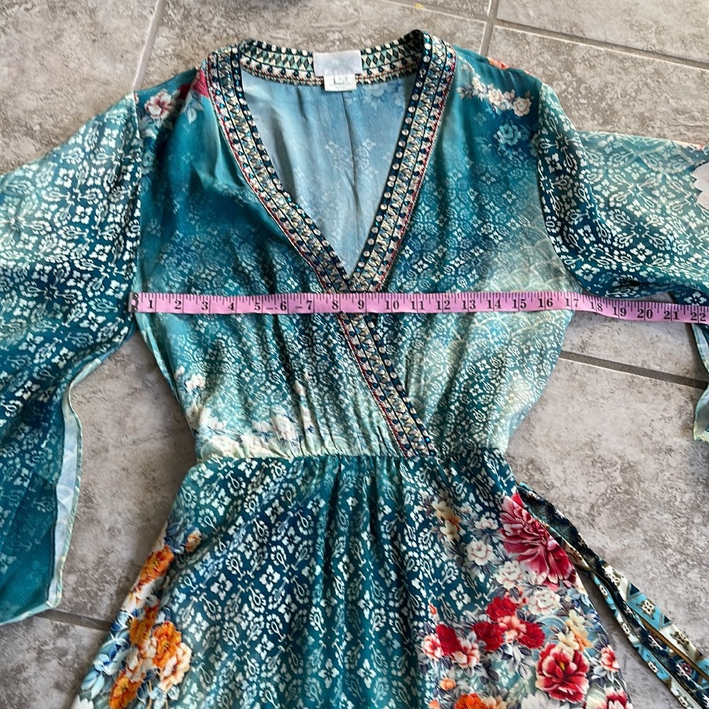 Camilla Teal Floral Print Short Romper with Kimono Sleeves - Picture 7 of 12